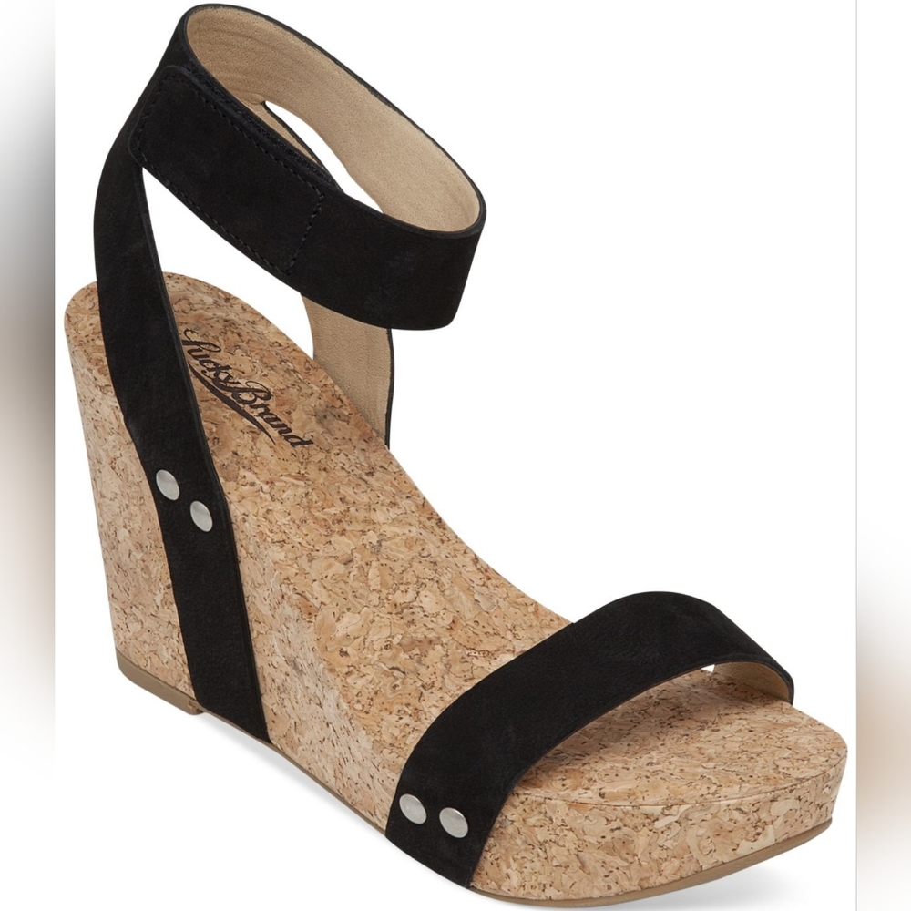 Lucky Brand platform sandals cork black stretch denim stretched 9.5